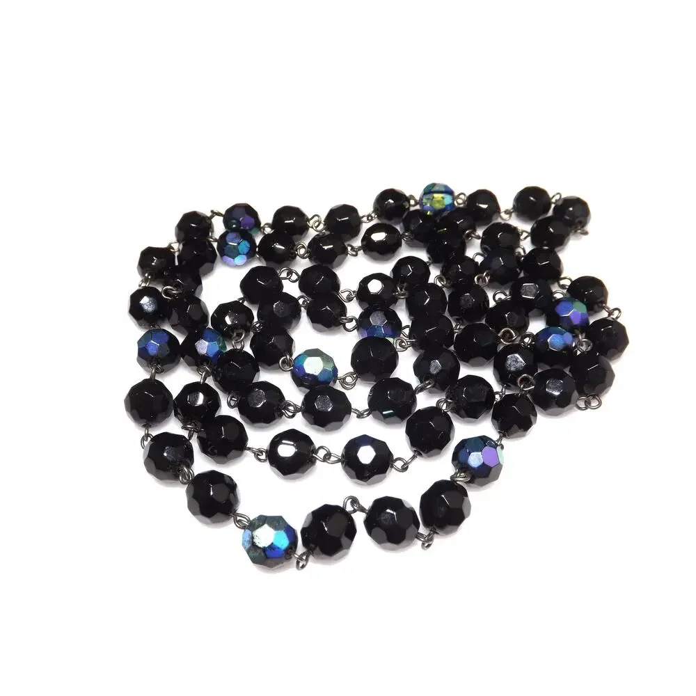 Long Black Crystal Beaded Necklace, Aurora Borealis, No Clasp, 1970s Vintage